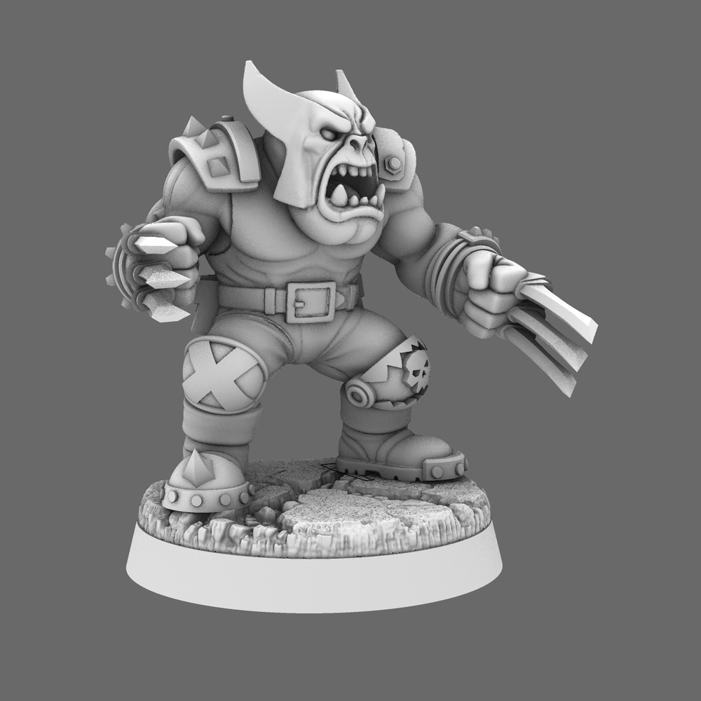 Logg'n Ironclaw clawed space orc hero, 28mm miniature render, view 1