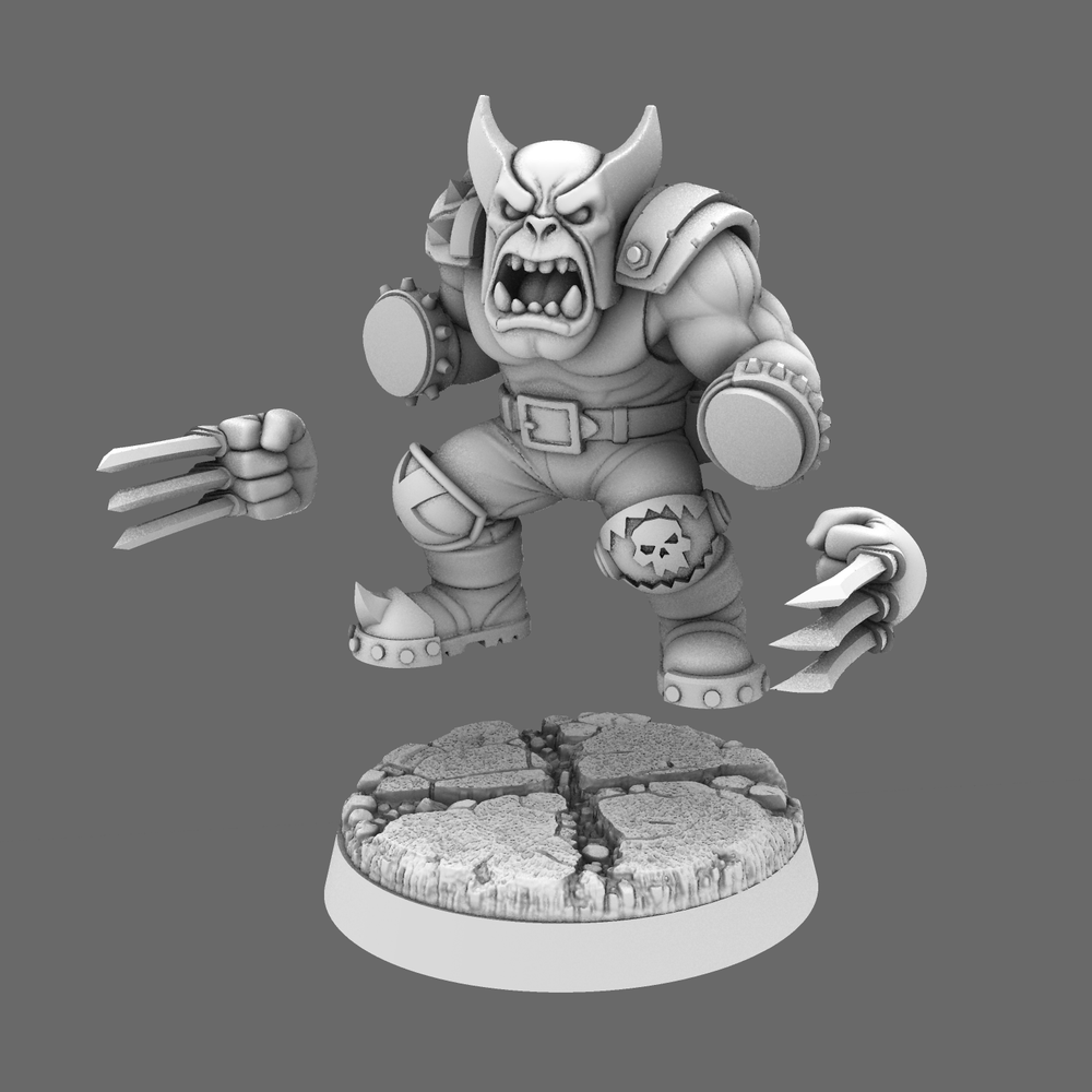 Logg'n Ironclaw clawed space orc hero, 28mm miniature render, view 2
