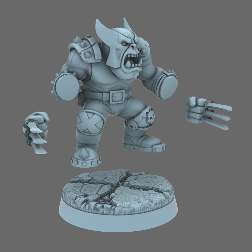Logg'n Ironclaw grey resin parts: body, two claw fists and 32mm base