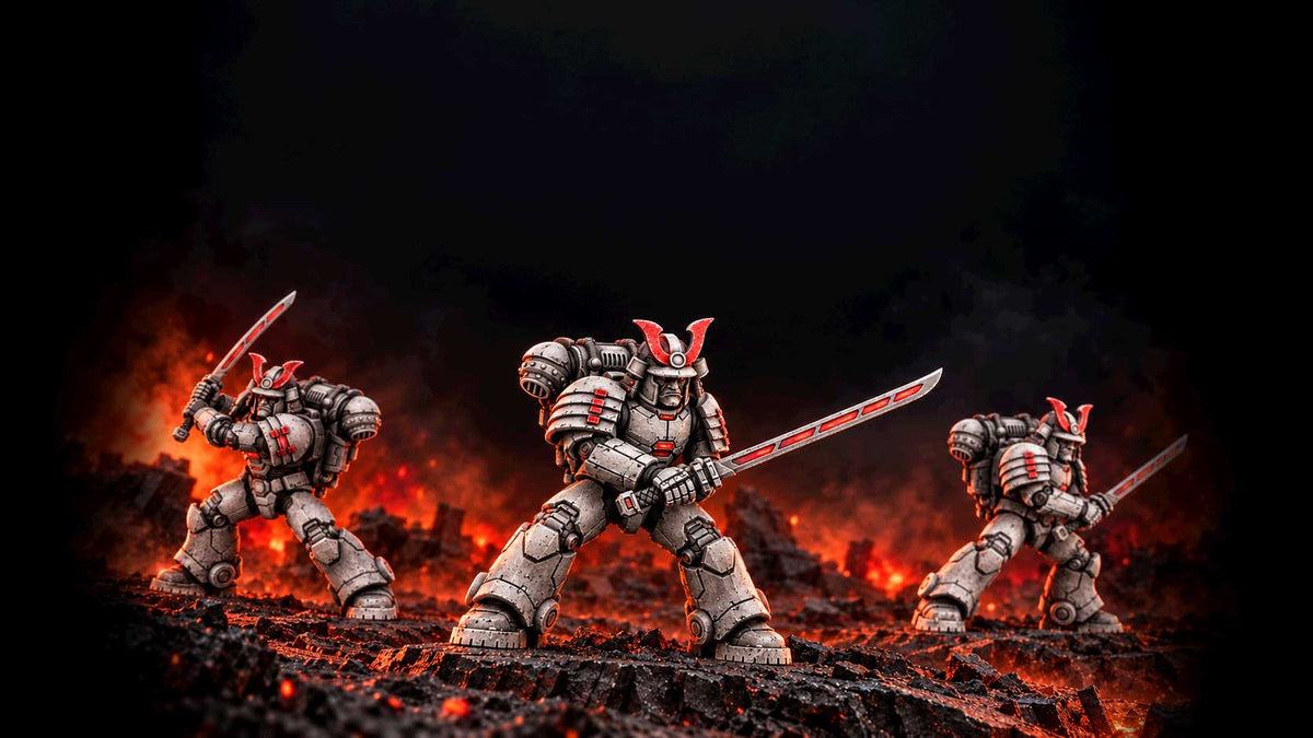 Cyber Samurai miniatures with red energy katanas on a burning battlefield
