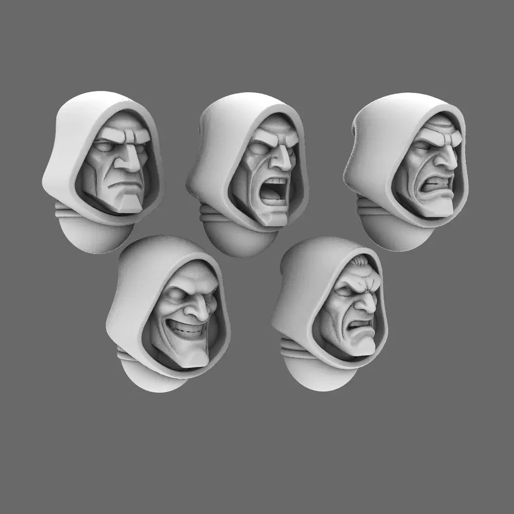 Space Knights V10 Hooded Exposed Heads Type A X10 - Premium 28mm Character Faces - BW Terrain & Forge