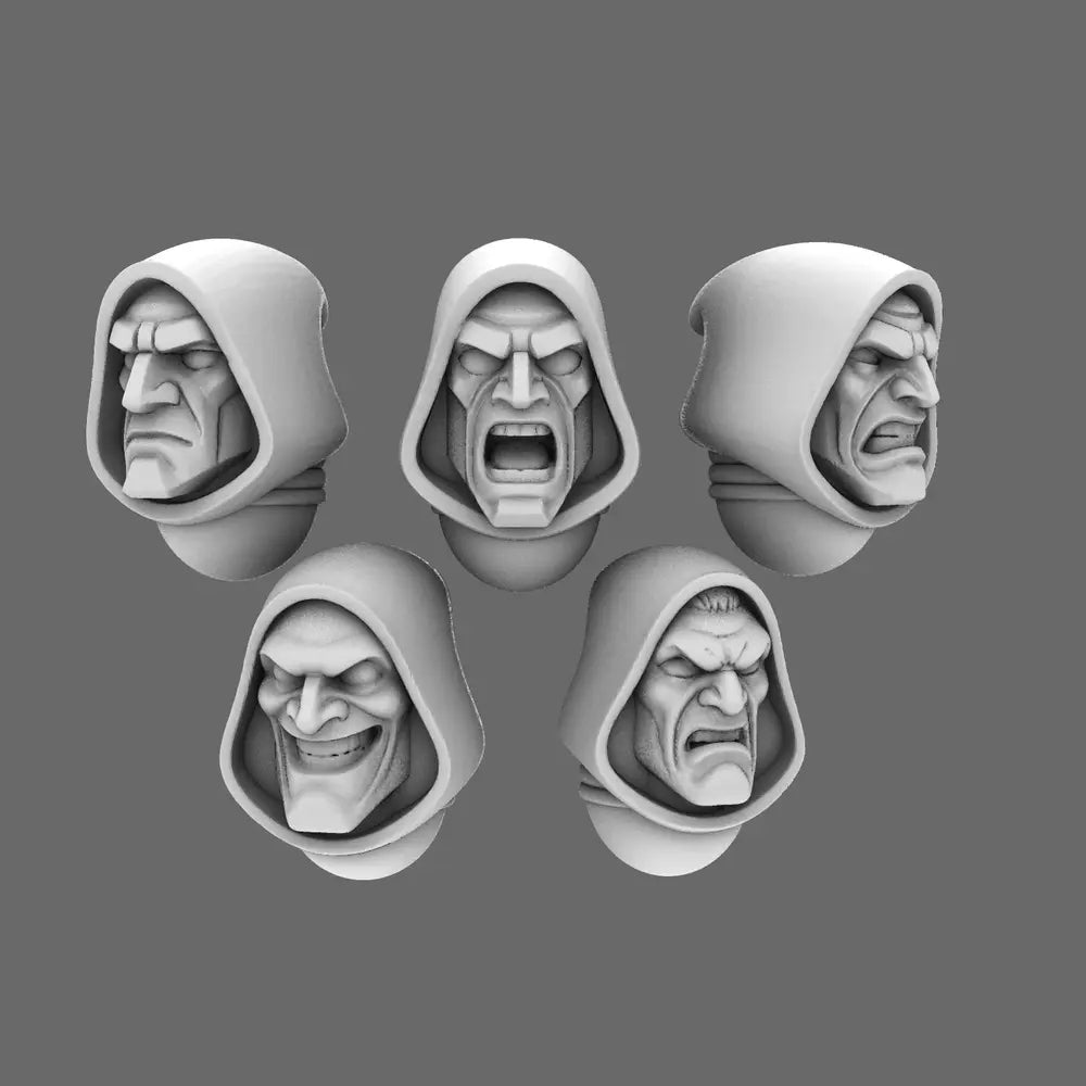 Space Knights V10 Hooded Exposed Heads Type A X10 - Premium 28mm Character Faces - BW Terrain & Forge