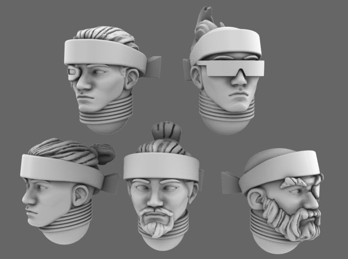 Cyber Samurai V10 Heads with Hachimaki Headbands 3d printed