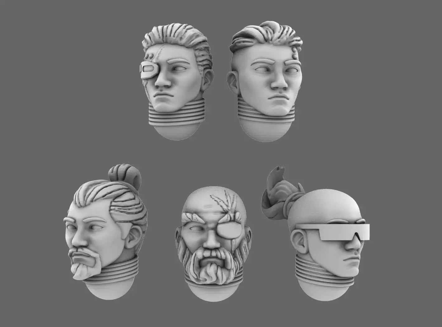 Cyber Samurai V10 Exposed Heads (STL Format) BW Terrain & Forge